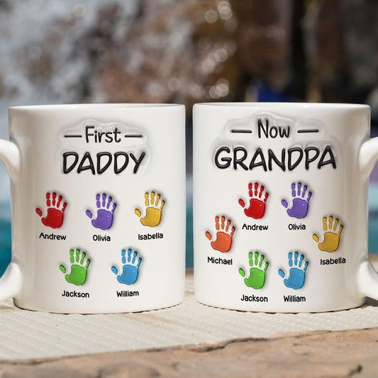 First Dad Now Grandpa Personalized Handprints with 3D Inflated Effect | Ceramic Coffee Mug | Father's Day Gift | Stylish Printed Design | Tea & Coffee Cup | 11oz