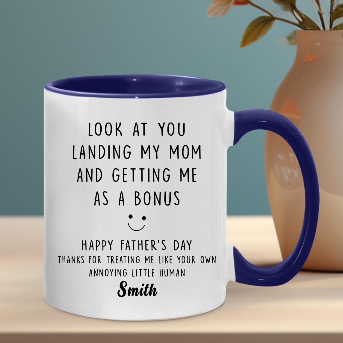 Personalized Stepdad Look At You Landing My Mom And Getting Me Mugs | Ceramic Coffee Mug | Father's Day Gift | Stylish Printed Design | Tea & Coffee Cup | 11oz | Black Two-Tone Design