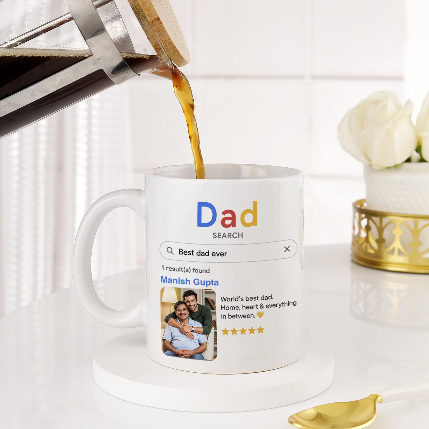 Personalized Ceramic Coffee Mug with Custom Photo and Name, Search Engine Theme Design for Dad, Customizable 11oz White Tea Cup for Home and Office, High Gloss Finish
