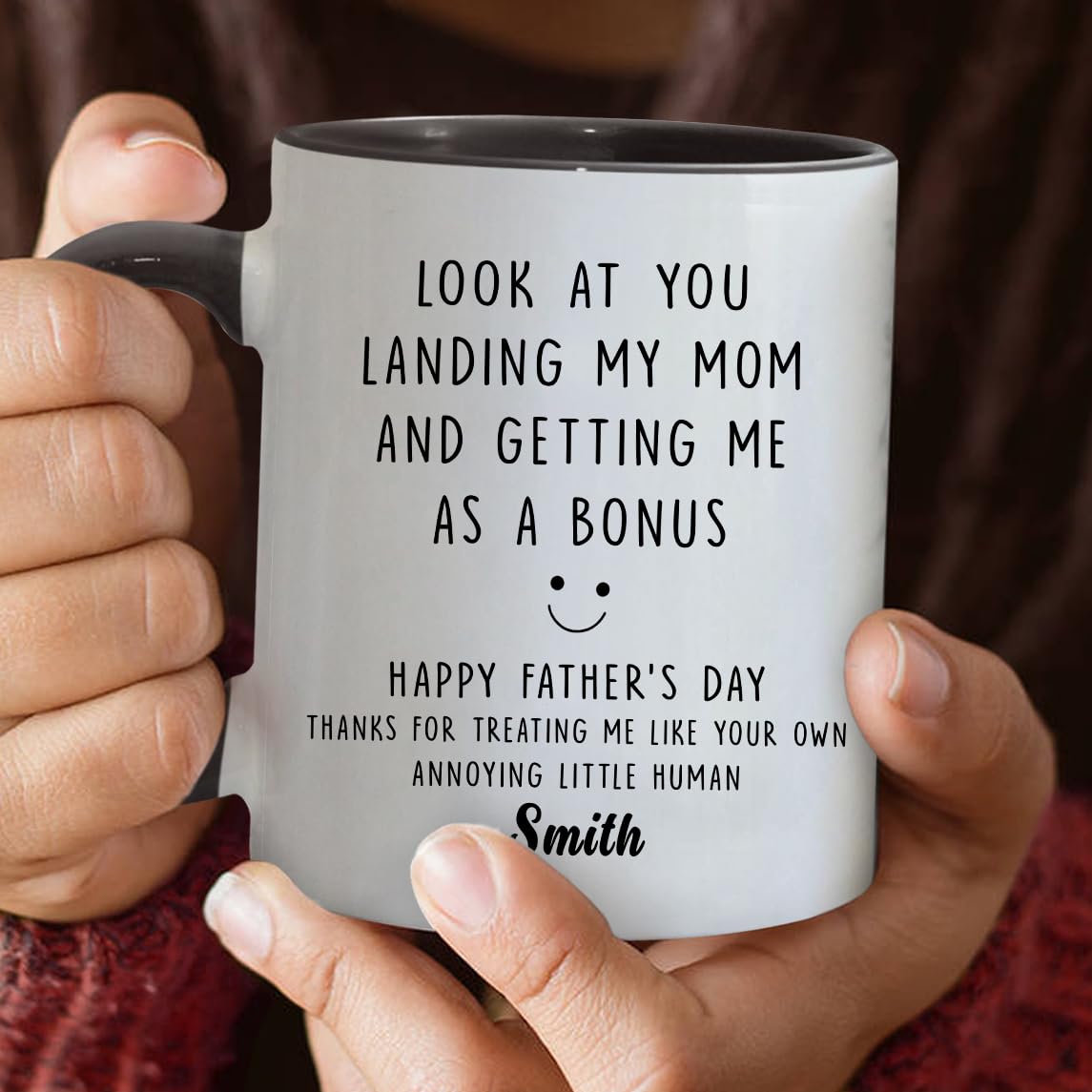 Personalized Stepdad Look At You Landing My Mom And Getting Me Mugs | Ceramic Coffee Mug | Father's Day Gift | Stylish Printed Design | Tea & Coffee Cup | 11oz | Black Two-Tone Design