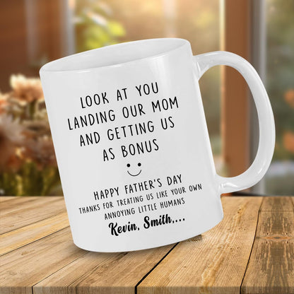 Personalized Stepdad Look At You Landing Our Mom And Getting Us Mugs | Ceramic Coffee Mug | Father's Day Gift | Stylish Printed Design | Tea & Coffee Cup | 11oz | Black Two-Tone Design