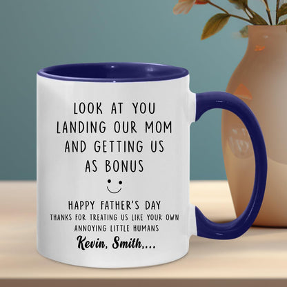 Personalized Stepdad Look At You Landing Our Mom And Getting Us Mugs | Ceramic Coffee Mug | Father's Day Gift | Stylish Printed Design | Tea & Coffee Cup | 11oz | Black Two-Tone Design