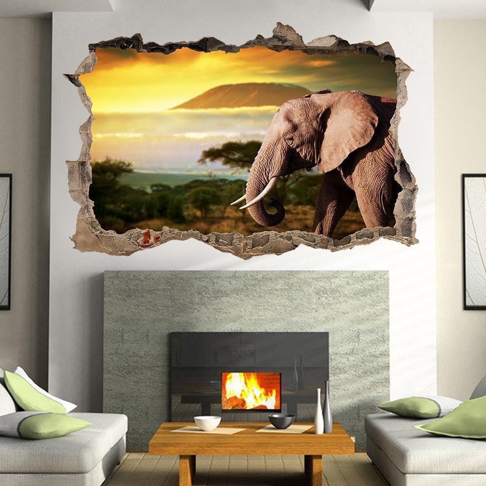 Elephant Sunset Wall Decal: 3D Window View Africa Mural (45cm x 60cm)