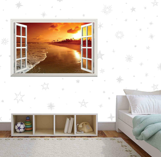 Sunset Beach Window View Wall Decal: Tropical 3D Vinyl Poster