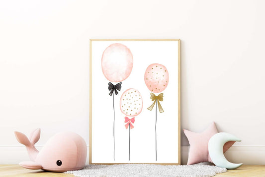 Pink Balloons Girls Boho Watercolour Hand Painted Effect Nursery Wall Art Poster