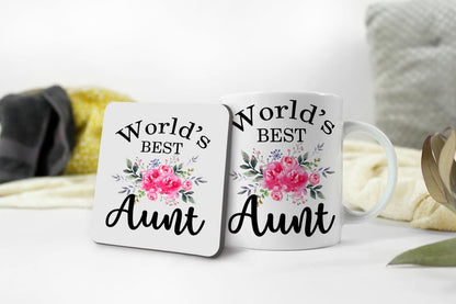World Best Aunty Mug & Coaster Set Birthday Christmas Niece Nephew Coffee Gift