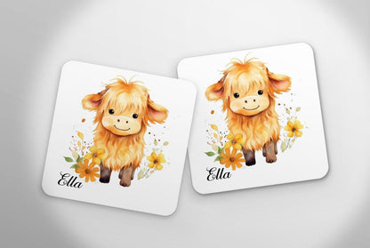 Custom Highland Cow Personalised Mug & Coaster Set Fluffy Cow Design Birthday Christmas Gifts