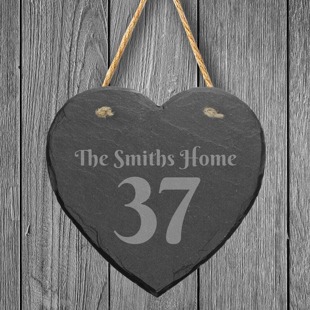 Personalised Slate Stone Hanging Heart House Number Name Door Sign Plaque