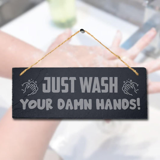 Wash Hands Hanging Slate Sign Engraved Plaque Toilet Restroom Washroom Home Gift