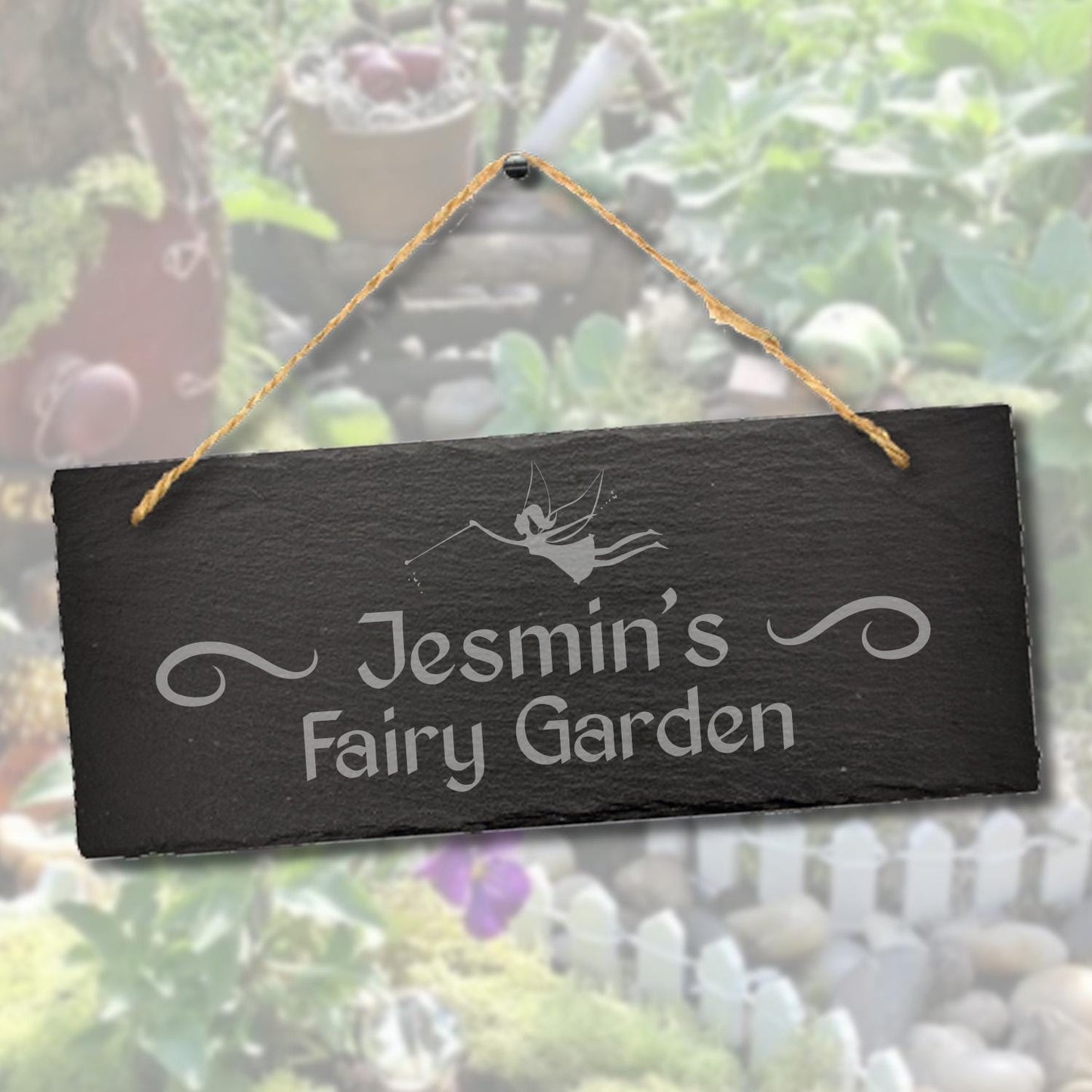 Personalised Name Fairy Garden Engraved Hanging Slate Gardening Gift Plaque Sign
