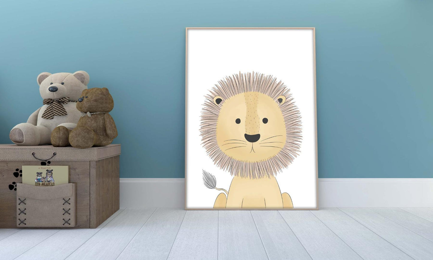 Lion Animal Kids Bedroom Watercolour Hand Painted Effect Nursery Wall Art Poster