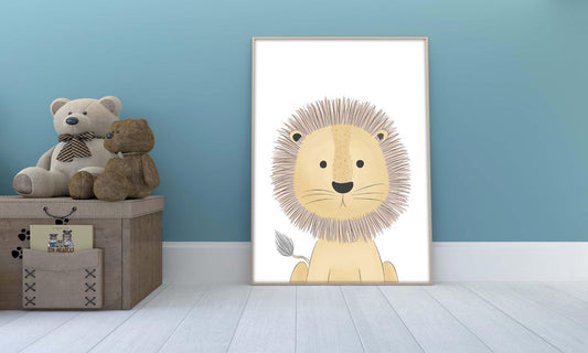 Lion Animal Kids Bedroom Watercolour Hand Painted Effect Nursery Wall Art Poster