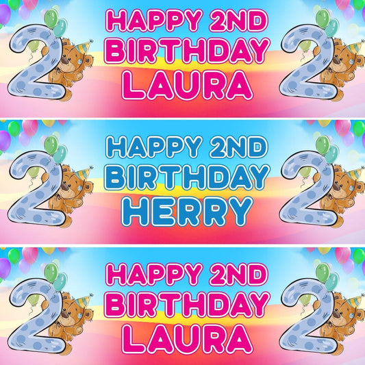 2 Personalised 2nd Birthday Bear Balloons Celebration Banners Decoration Posters
