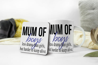 Mum Of Boys Mug & Coaster Set Mothers Day Mummy Birthday Christmas Coffee Gift