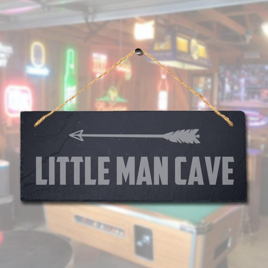 Little Man Cave Right Way Arrow Engraved Hanging Slate Home Cave Plaque Sign