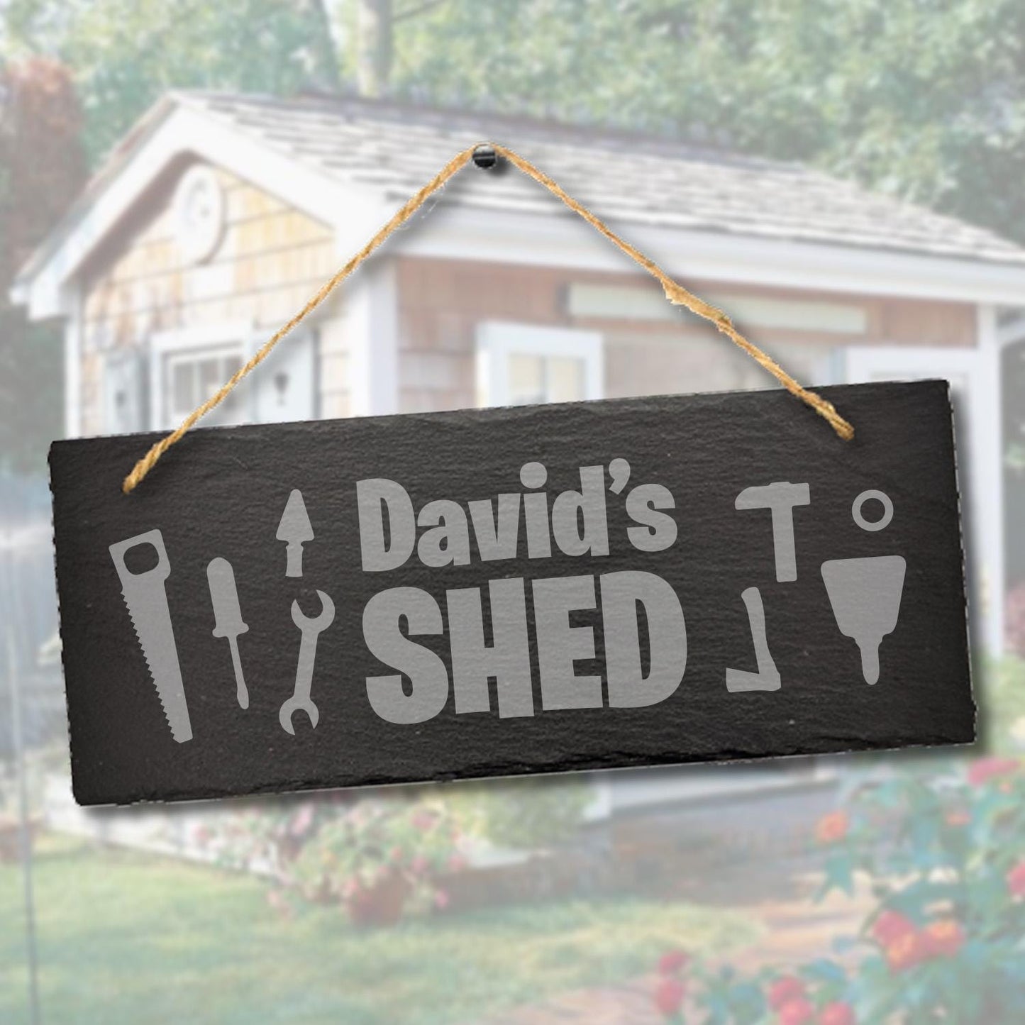 Personalised Shed Name Hanging Slate Workshop Garage Gift Outdoor Plaque Sign