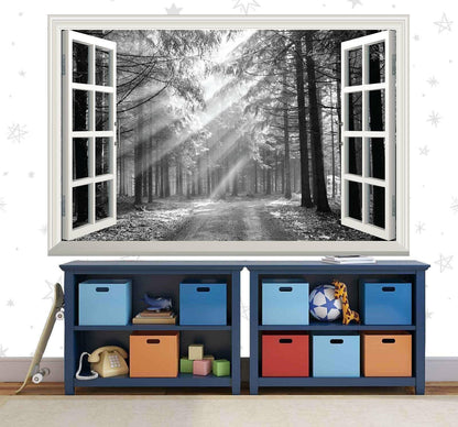 3D Forest Window View Wall Decal: Black & White Sunrise Mural