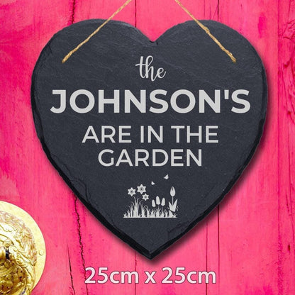 Personalised In The Garden Family Name Hanging Slate Engraved Sign Plaque