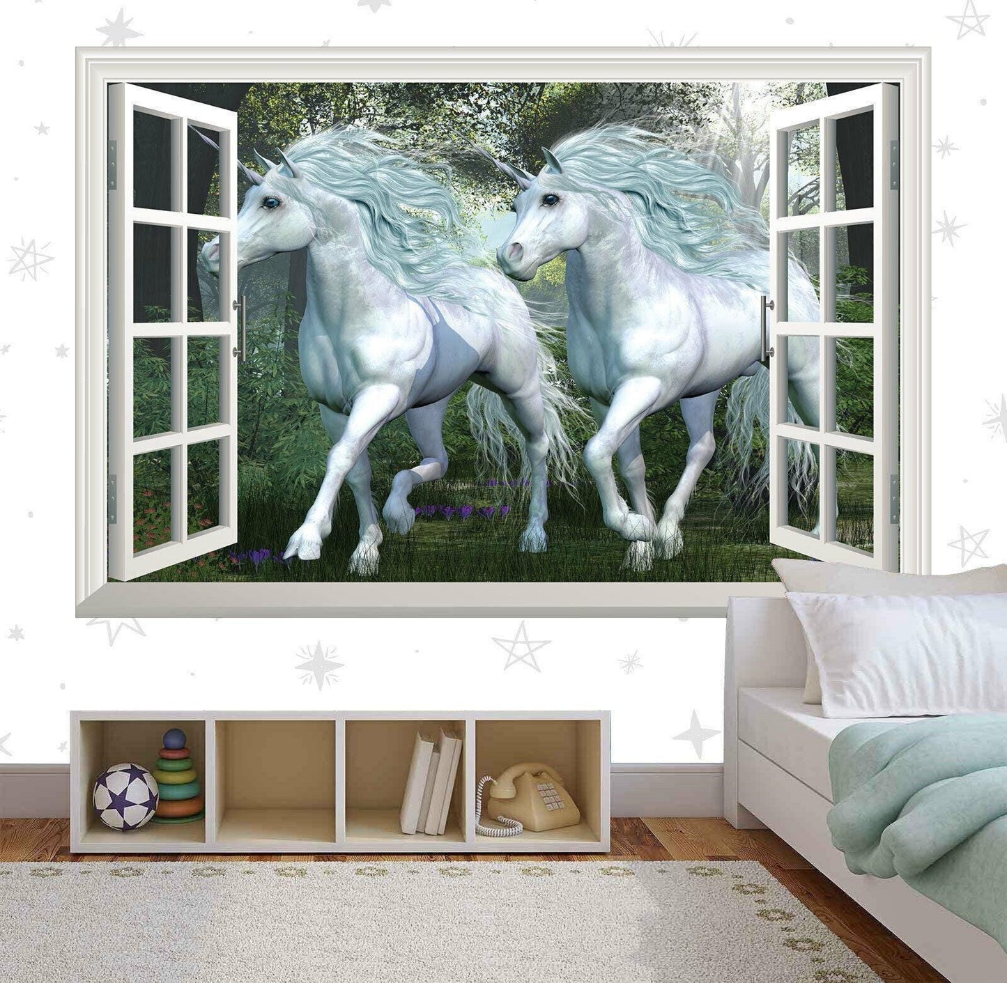 Unicorn Window View Wall Decal: Fantasy Girls Bedroom Mural