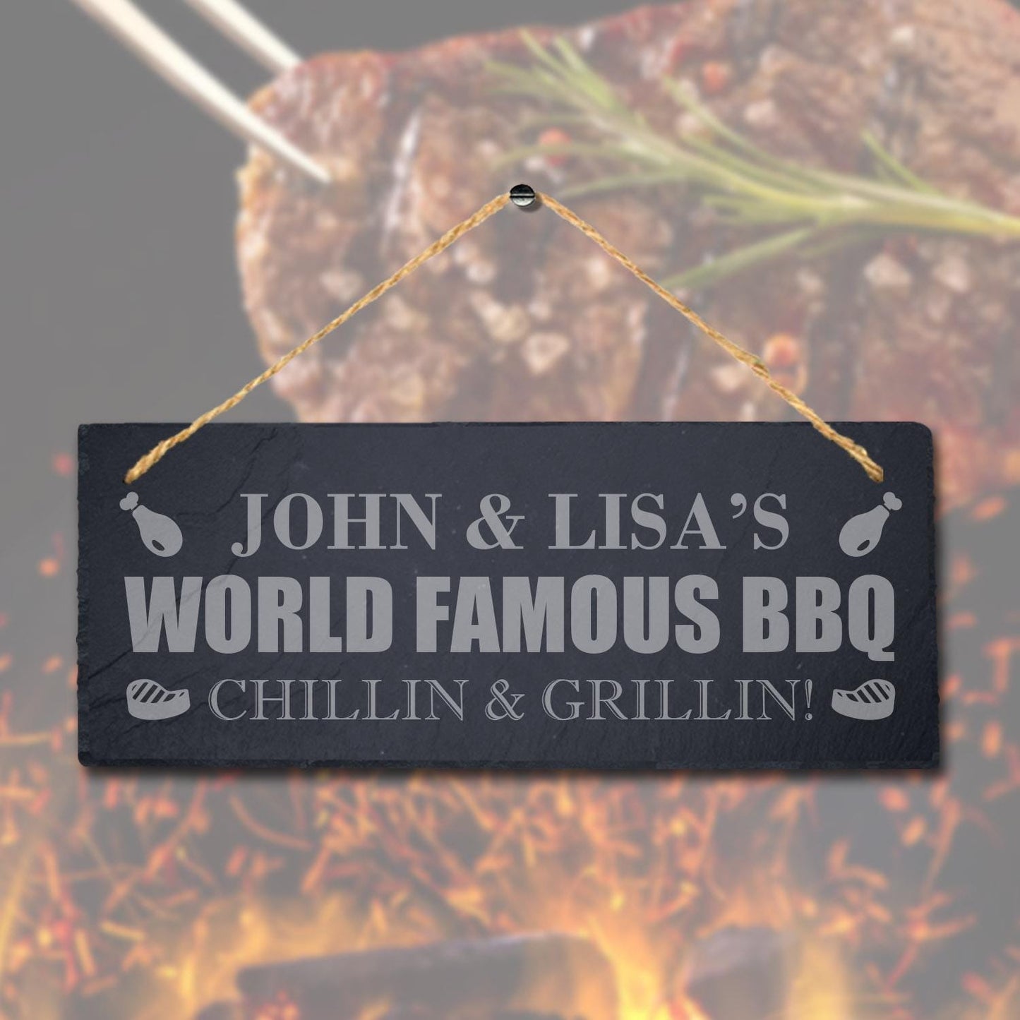 Personalised World Famous Bbq Laser Engraved Hanging Slate Party Plaque Sign