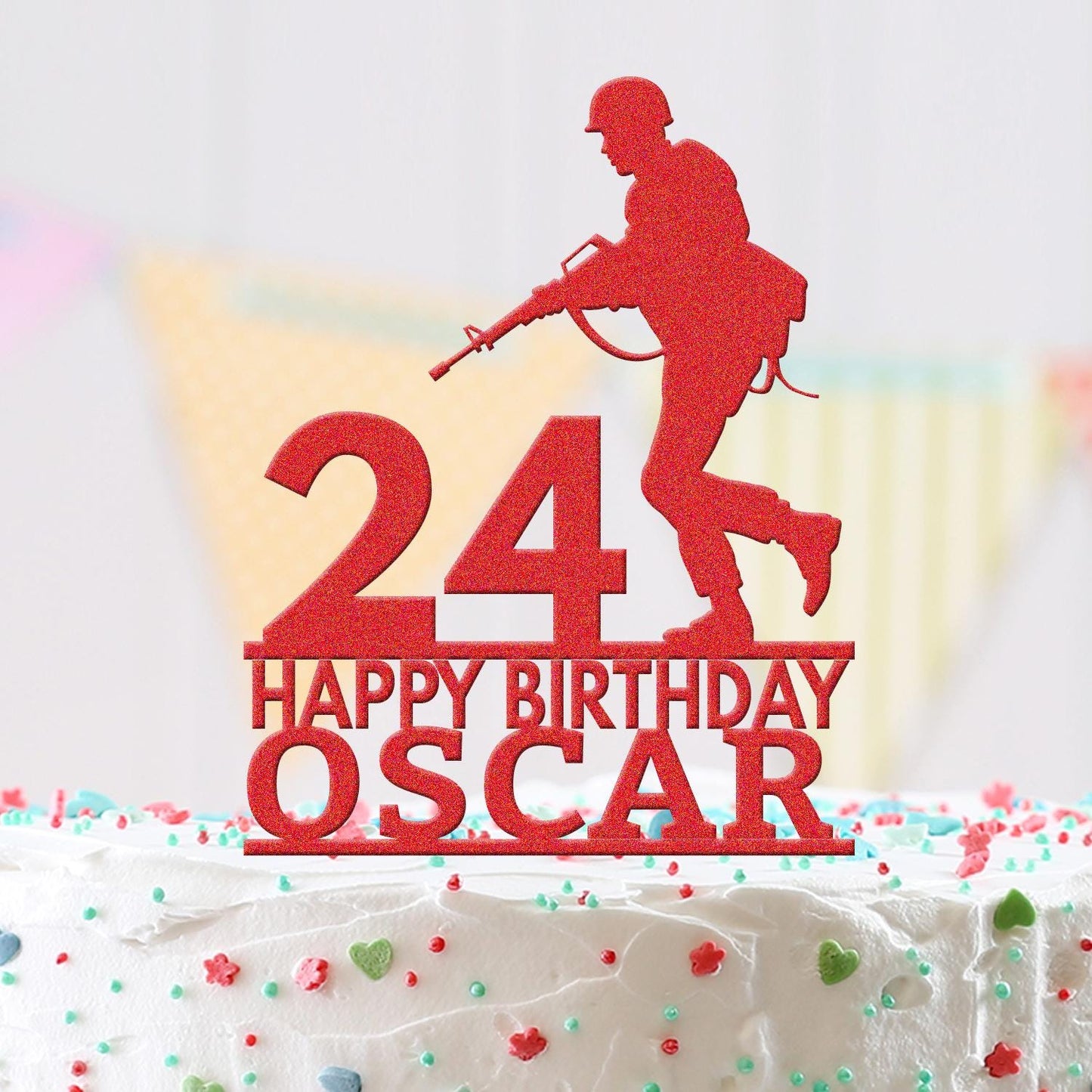 Personalised Acrylic Soldier Gun Boys Birthday Cake Topper Decoration Gift