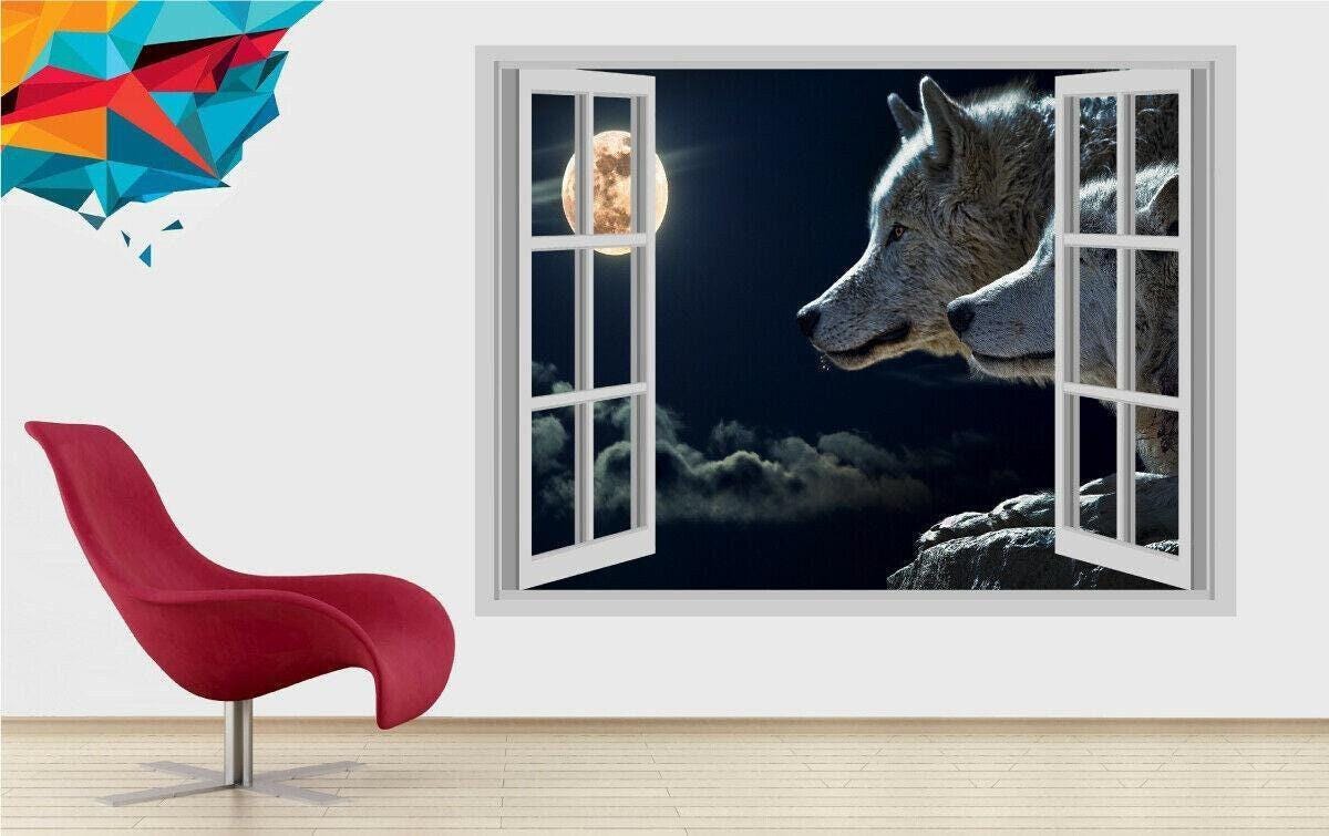 Wolf Moon 3D Window View Wall Decal: Vinyl Mural Sticker
