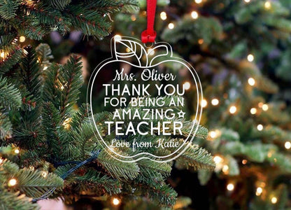 Personalised Teacher Christmas Bauble: Laser Engraved Acrylic Apple Ornament