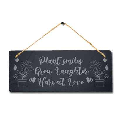 Plant Smile Grow Laughter Harvest Love Engraved Hanging Slate Garden Plaque Sign