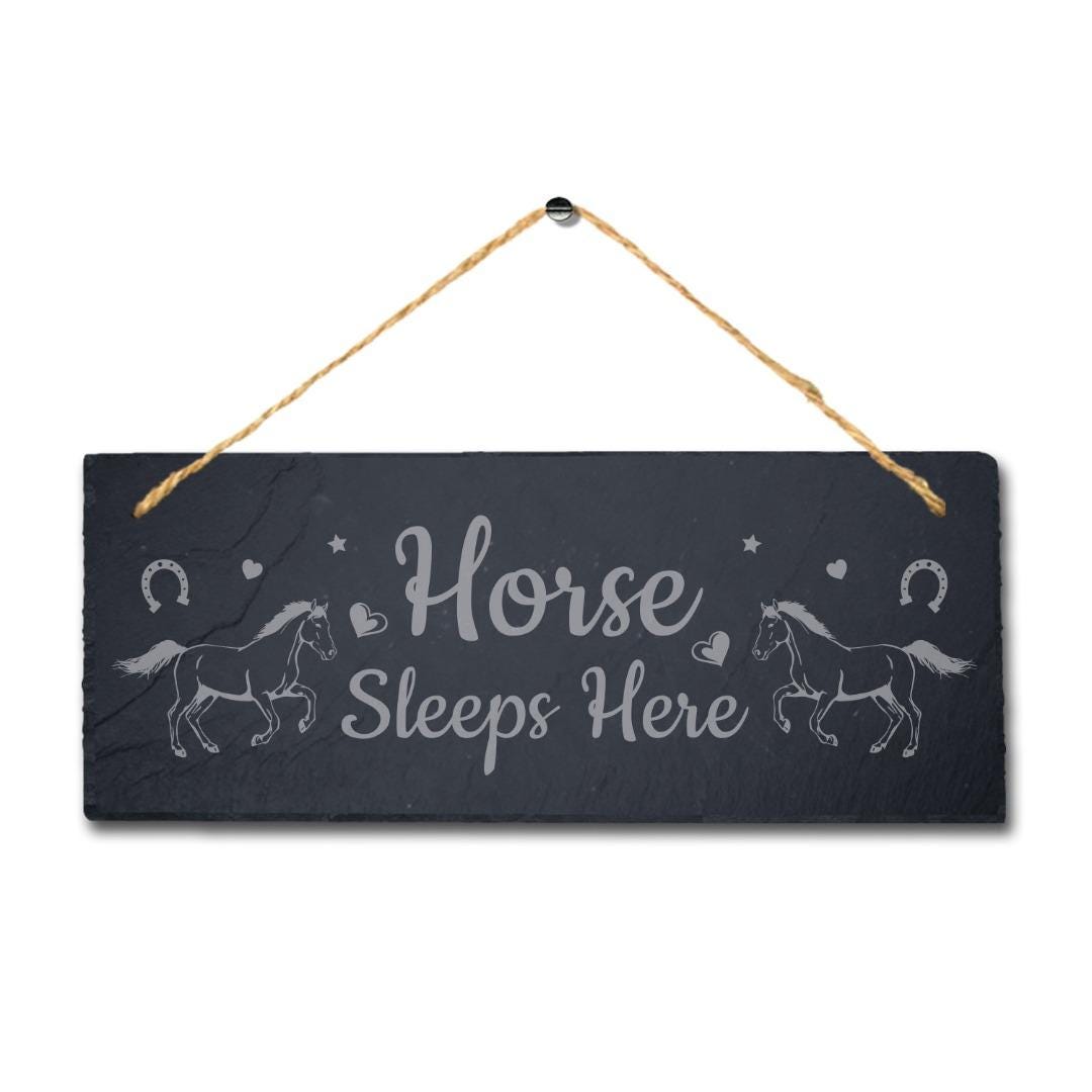 Horse Sleeps Here Laser Engraved Hanging Slate Horse Shed Pet Animal Plaque Sign