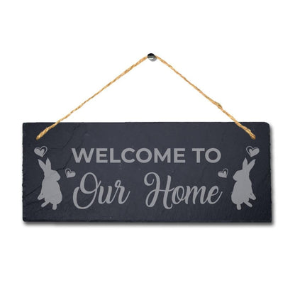 Welcome To Our Home Laser Engraved Hanging Slate Rabbit Bunny Plaque Sign