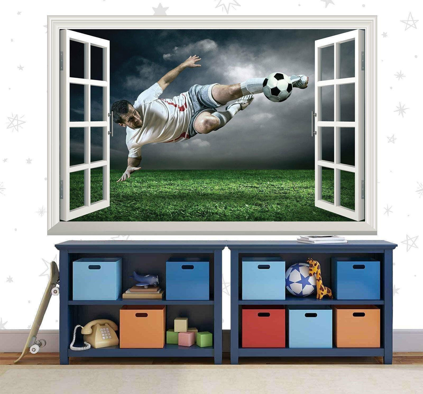 Footballer 3D Window View Wall Decal: Boys Bedroom Mural