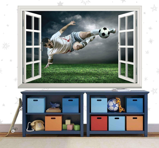 Footballer 3D Window View Wall Decal: Boys Bedroom Mural
