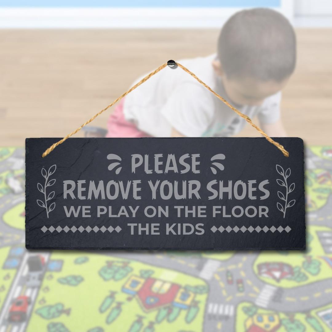 Remove Shoes Kids Play Floor Laser Engraved Hanging Slate Plaque Hygiene Sign