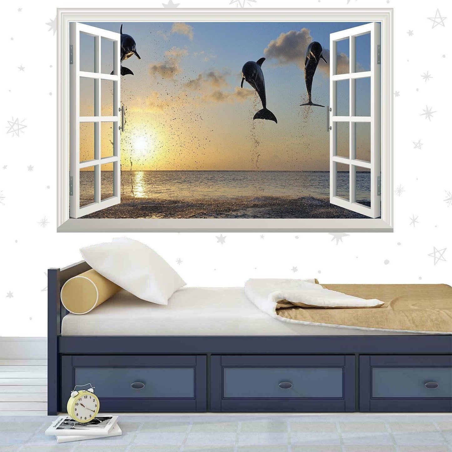 Dolphin Sunset Wall Decal: 3D Window View Vinyl Mural