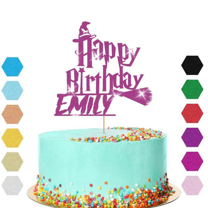 Witch Broomstick Glitter Cake Topper Personalised Halloween Birthday Decoration