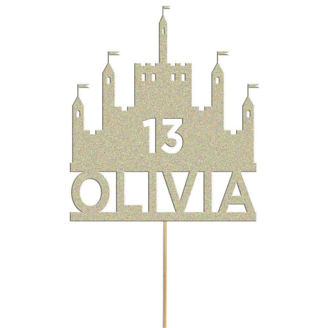 Personalised Glitter Princess Castle Cake Topper: Custom Name & Age
