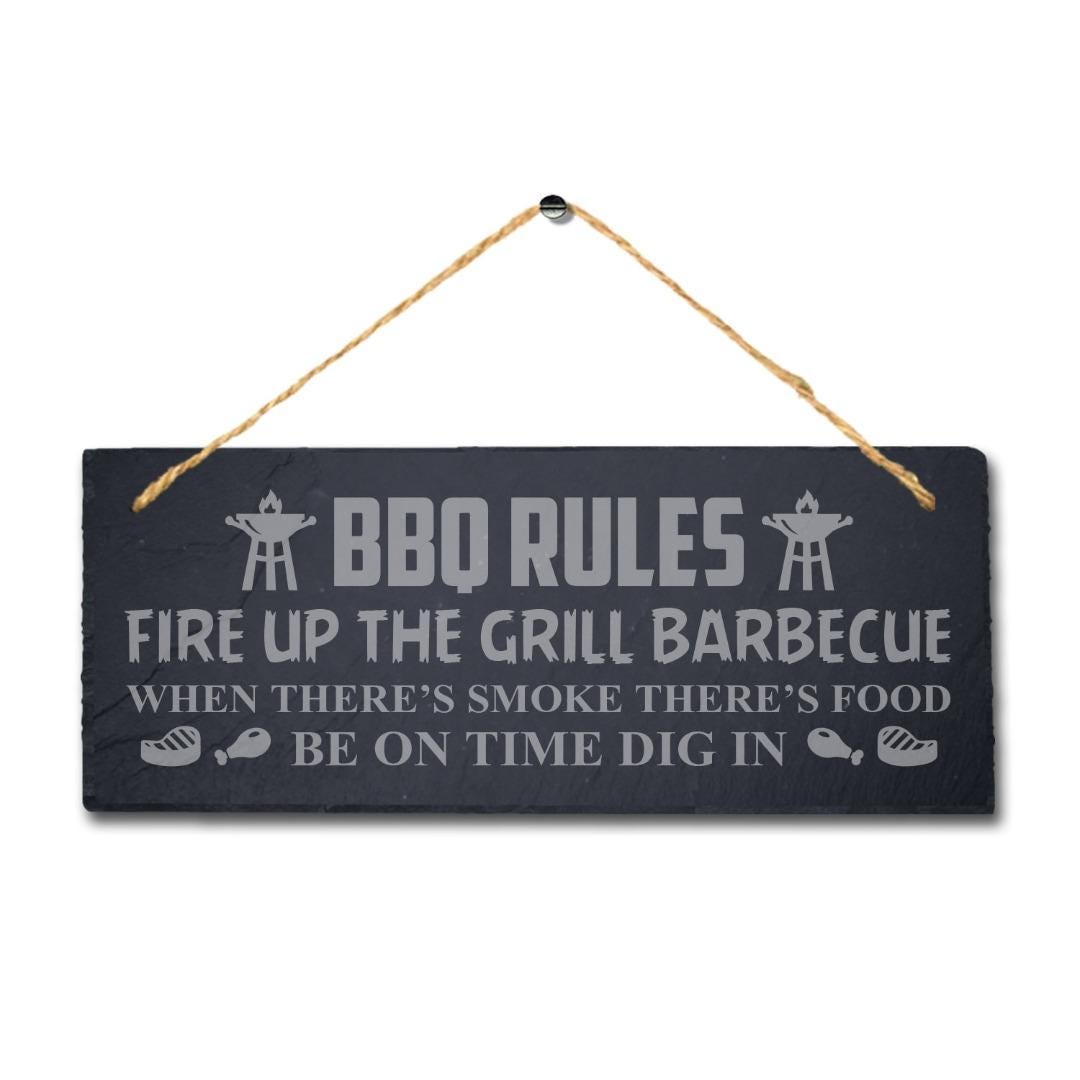 Bbq Rules Fire Up Grill Laser Engraved Hanging Slate Chicken Grilled Plaque Sign