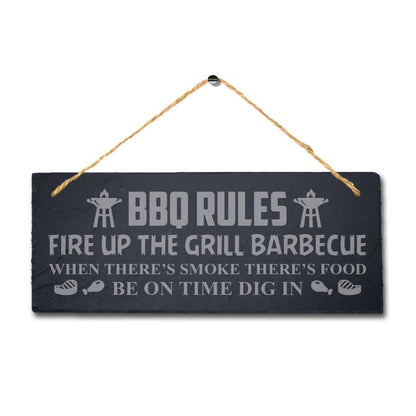 Bbq Rules Fire Up Grill Laser Engraved Hanging Slate Chicken Grilled Plaque Sign