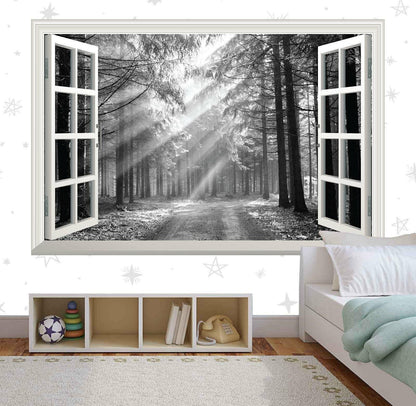 3D Forest Window View Wall Decal: Black & White Sunrise Mural