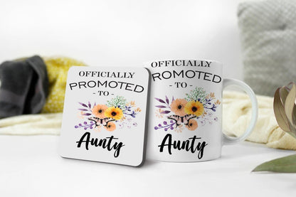 Officially Promoted To Aunty Mug & Coaster Set Aunt New Baby Birthday Tea Gift