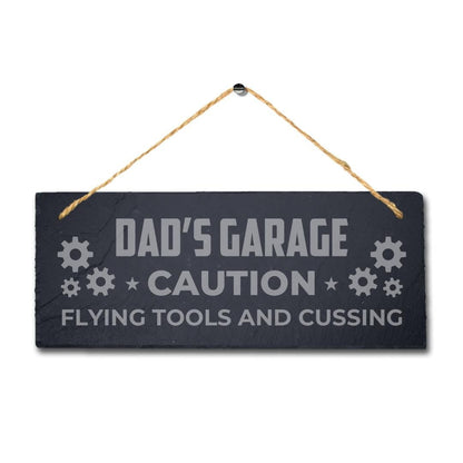 Dads Garage Caution Flying Tools Engraved Hanging Slate Workshop Shed Plaque Sign
