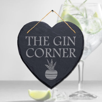 The Gin Corner Garden Laser Engraved Hanging Heart Shape Slate Rum Plaque Sign