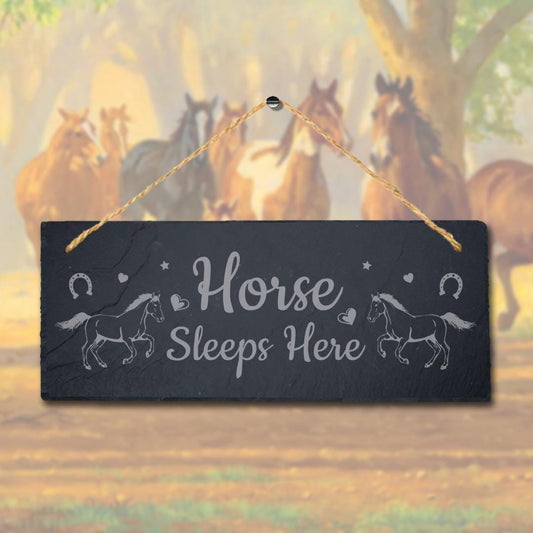 Horse Sleeps Here Laser Engraved Hanging Slate Horse Shed Pet Animal Plaque Sign