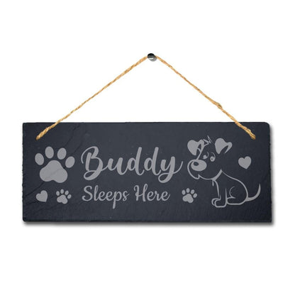 Buddy Sleeps Here Engraved Hanging Slate Dog Kennels Puppy Funny Gift Home Sign