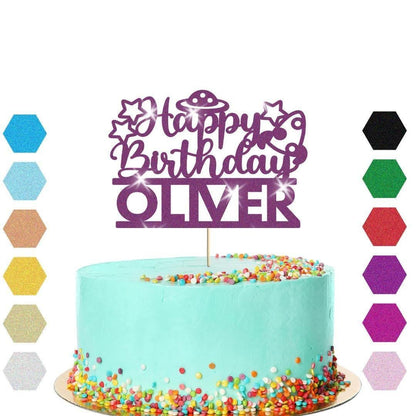 Personalised Glitter Outer Space Birthday Cake Topper: Alien UFO Theme Party Decoration