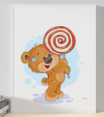 Cute Teddy Bear Holding Lolly Pop Nursery Wall Decor Art Poster Print