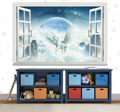 Unicorn Window View Wall Decal: Winged Pony Mural for Girls Room