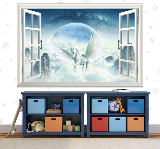 Unicorn Window View Wall Decal: Winged Pony Mural for Girls Room