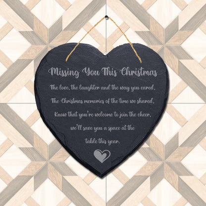 Missing You This Christmas Engraved Hanging Memorial Heart Shape Slate Plaque Sign