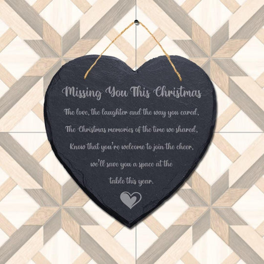 Missing You This Christmas Engraved Hanging Memorial Heart Shape Slate Plaque Sign